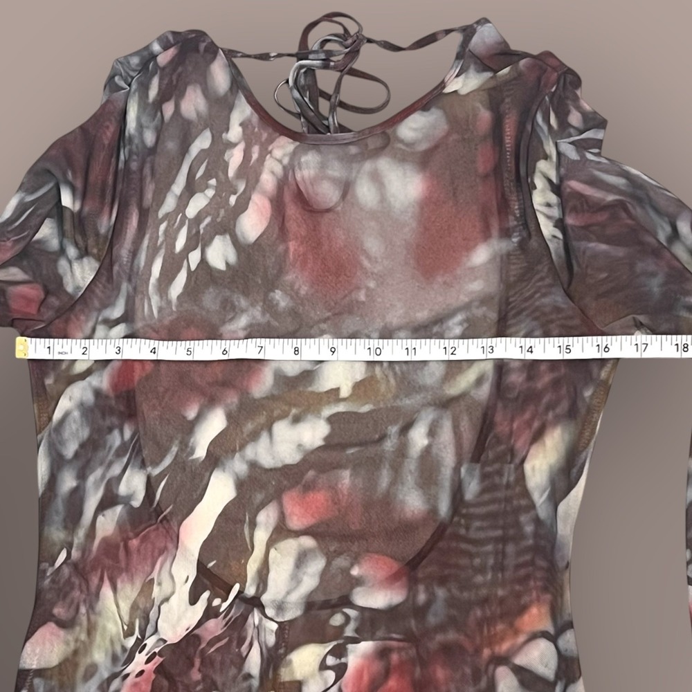 Sheer Mesh Abstract Print Maxi Dress Open Back Tie Neck Bell Sleeve Boho Y2K M/L - Picture 12 of 16